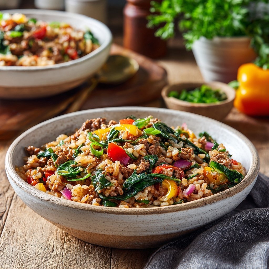 Ground Beef And Spinach Rice Bowl